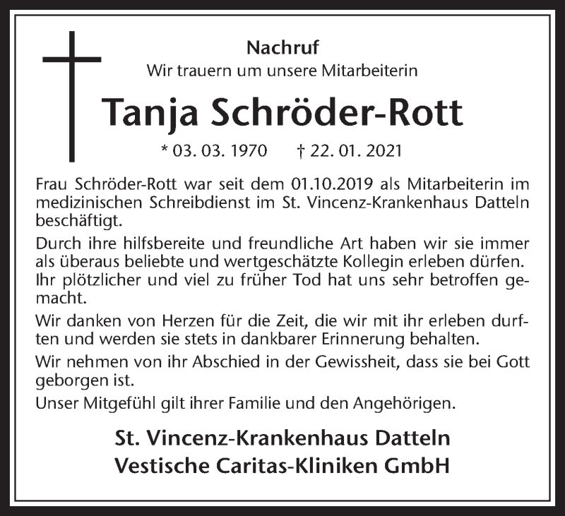  Traueranzeige für Tanja Schröder-Rott vom 31.01.2022 aus Medienhaus Bauer