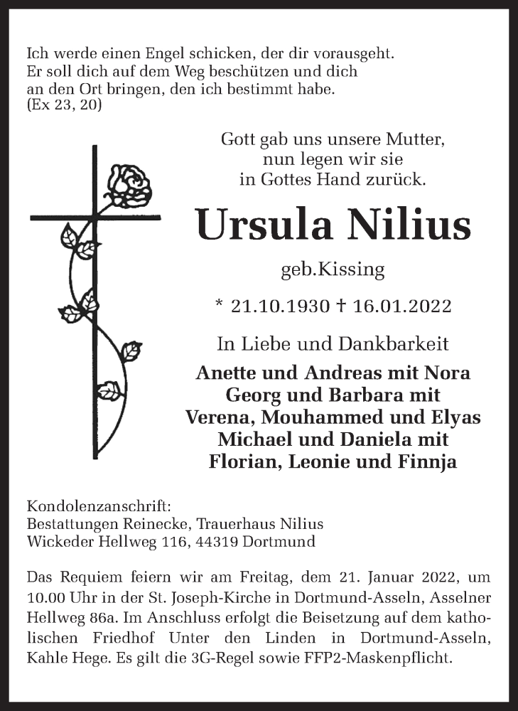  Traueranzeige für Ursula Nilius vom 19.01.2022 aus 
