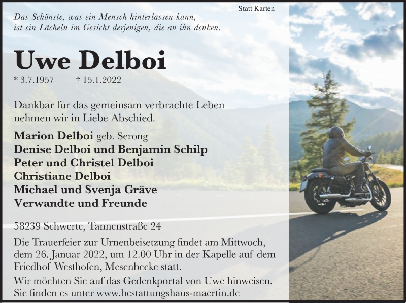  Traueranzeige für Uwe Delboi vom 19.01.2022 aus Ruhr Nachrichten