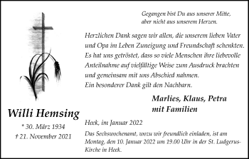 Traueranzeige von Willi Hemsing von Münstersche Zeitung und Münsterland Zeitung