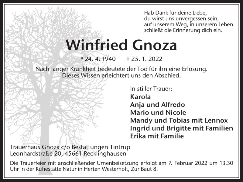  Traueranzeige für Winfried Gnoza vom 29.01.2022 aus Medienhaus Bauer