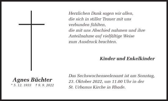 Traueranzeige von Agnes Büchter 