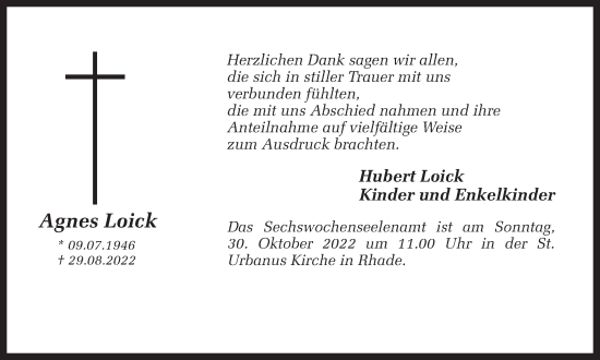 Traueranzeige von Agnes Loick von Ruhr Nachrichten und Dorstener Zeitung
