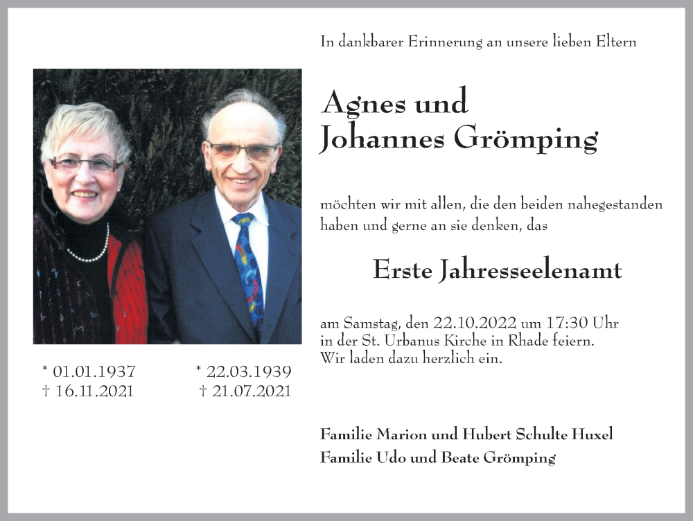  Traueranzeige für Agnes und Johannes Grömping vom 19.10.2022 aus Ruhr Nachrichten und Dorstener Zeitung