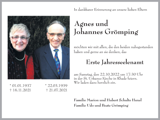 Traueranzeige von Agnes und Johannes Grömping von Ruhr Nachrichten und Dorstener Zeitung