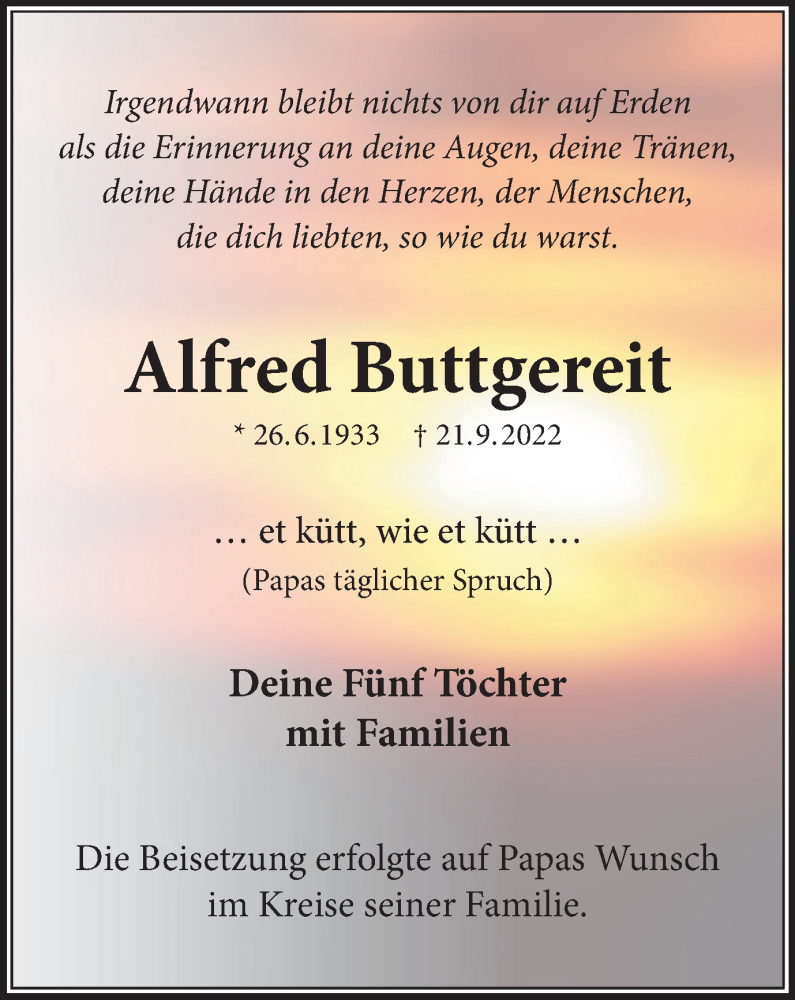  Traueranzeige für Alfred Buttgereit vom 19.10.2022 aus Medienhaus Bauer