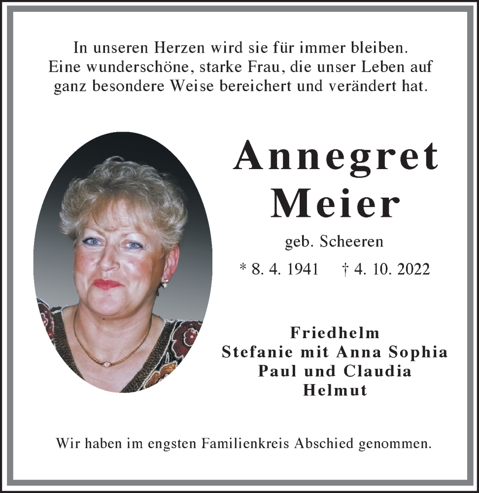  Traueranzeige für Annegret Meier vom 22.10.2022 aus 