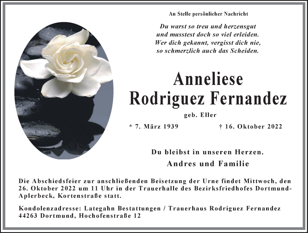  Traueranzeige für Anneliese Rodriguez Fernandez vom 22.10.2022 aus 