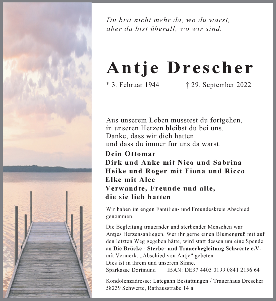  Traueranzeige für Antje Drescher vom 15.10.2022 aus Ruhr Nachrichten