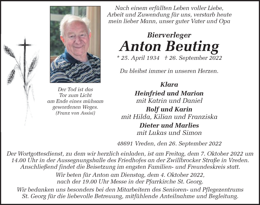  Traueranzeige für Anton Beuting vom 01.10.2022 aus Münstersche Zeitung und Münsterland Zeitung