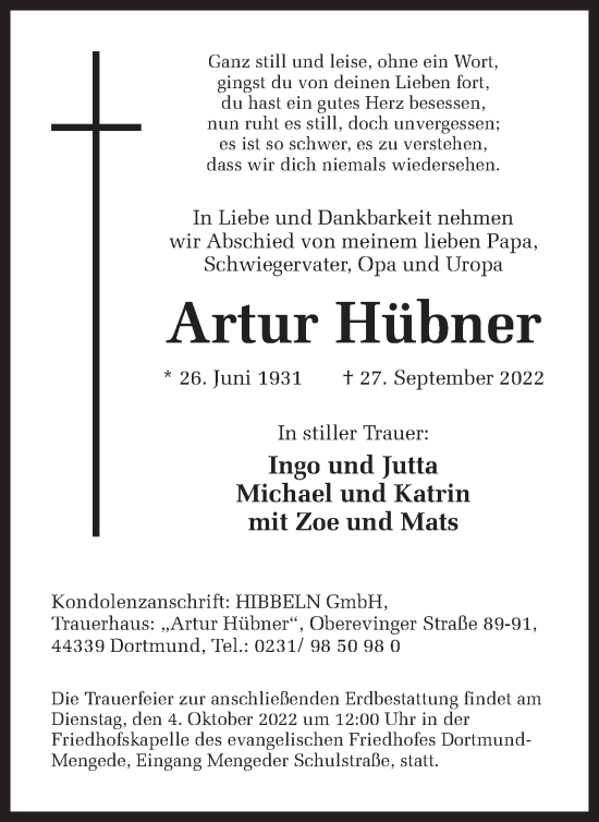 Traueranzeige von Artur Hübner 