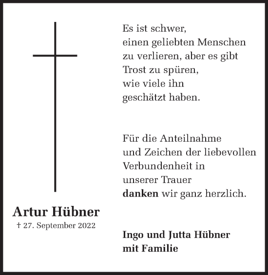 Traueranzeige von Artur Hübner 