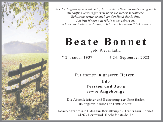 Traueranzeige von Beate Bonnet 