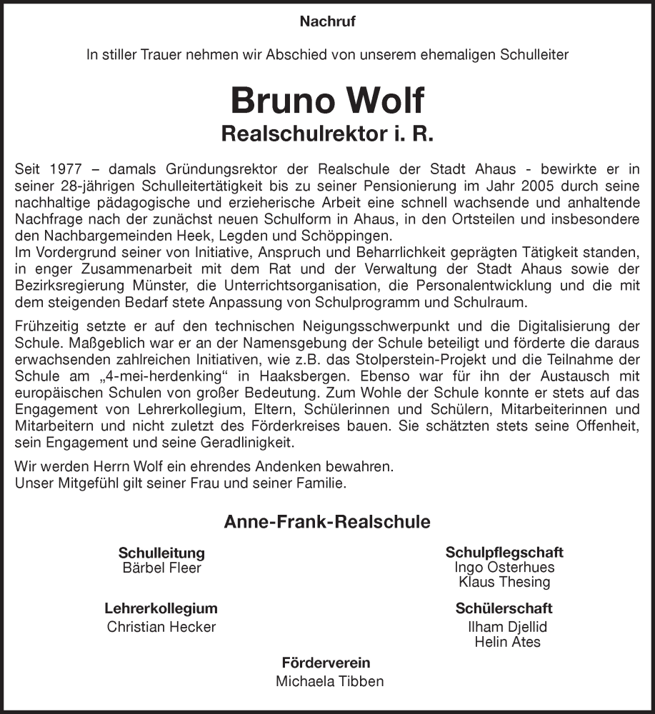  Traueranzeige für Bruno Wolf vom 12.10.2022 aus Münstersche Zeitung und Münsterland Zeitung