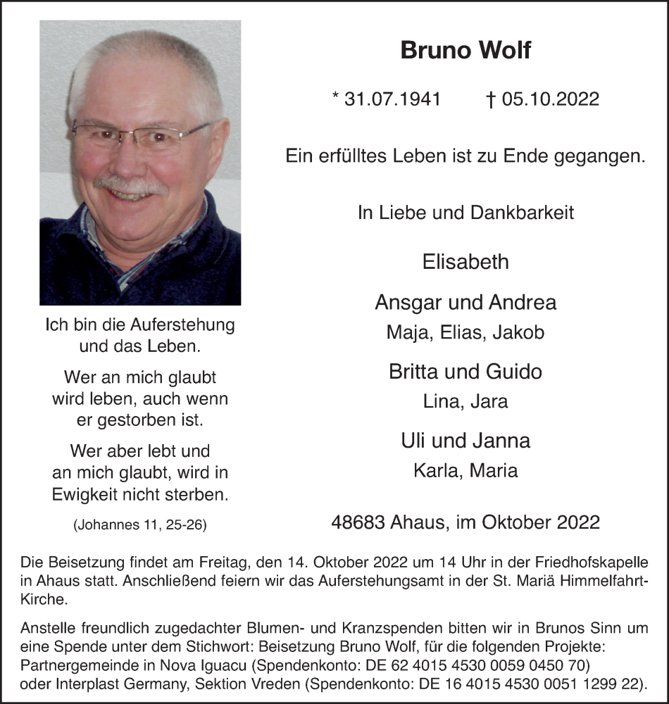  Traueranzeige für Bruno Wolf vom 11.10.2022 aus Münstersche Zeitung und Münsterland Zeitung