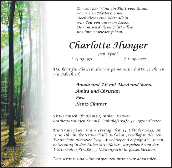 Traueranzeige von Charlotte Hunger von Medienhaus Bauer
