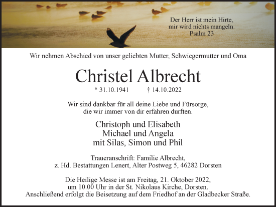 Traueranzeige von Christel Albrecht von Ruhr Nachrichten und Dorstener Zeitung