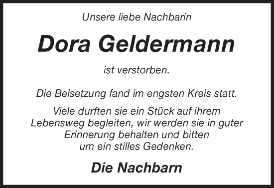 Traueranzeige von Dora Geldermann von Ruhr Nachrichten und Dorstener Zeitung