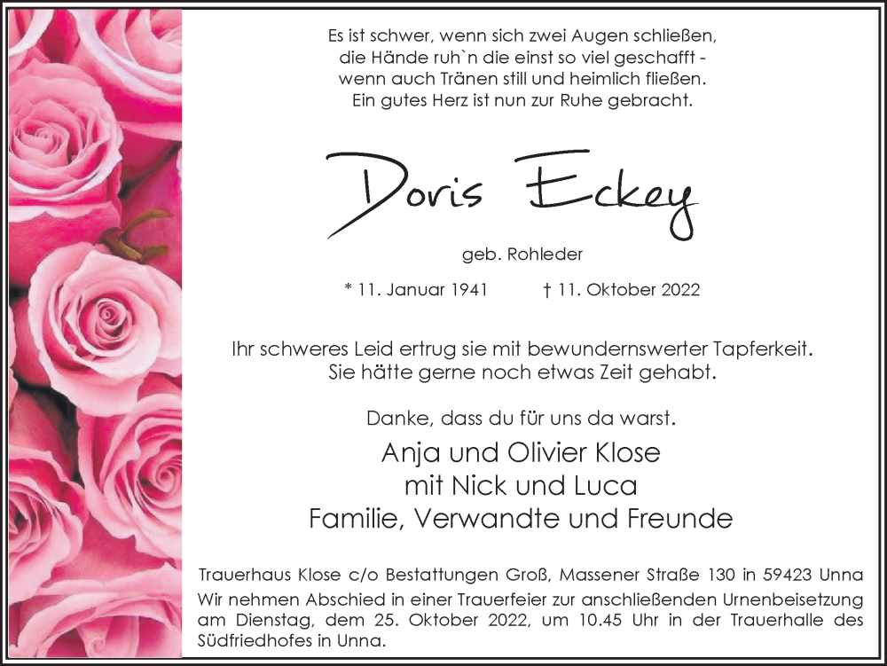  Traueranzeige für Doris Eckey vom 20.10.2022 aus Hellweger Anzeiger