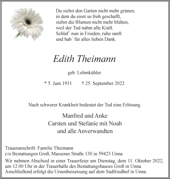 Traueranzeige von Edith Theimann von Hellweger Anzeiger