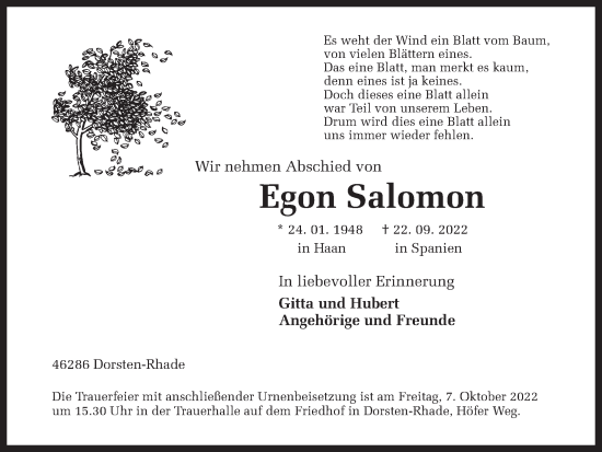Traueranzeige von Egon Salomon von Ruhr Nachrichten und Dorstener Zeitung