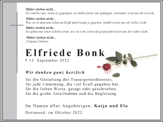 Traueranzeige von Elfriede Bonk 