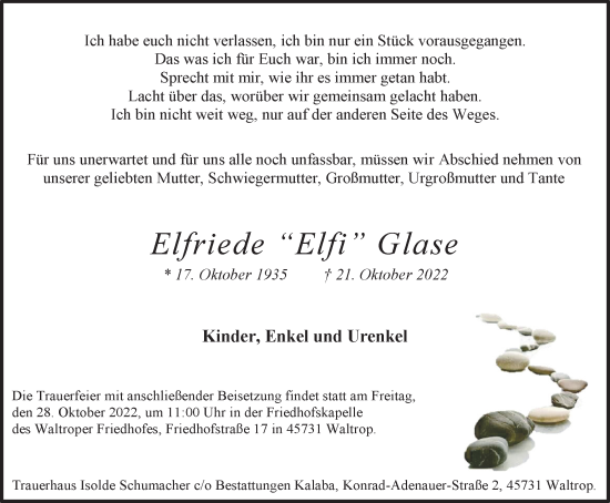 Traueranzeige von Elfriede Glase von Medienhaus Bauer
