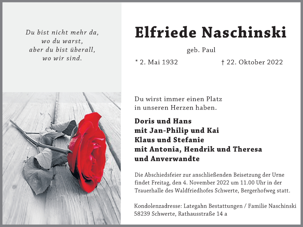  Traueranzeige für Elfriede Naschinski vom 29.10.2022 aus Ruhr Nachrichten