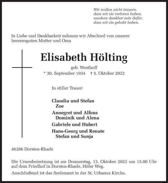 Traueranzeige von Elisabeth Hölting von Ruhr Nachrichten und Dorstener Zeitung