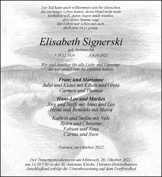 Traueranzeige von Elisabeth Signerski von Ruhr Nachrichten und Dorstener Zeitung