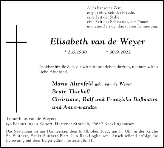 Traueranzeige von Elisabeth van de Weyer von Medienhaus Bauer