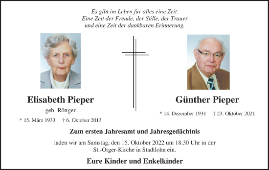 Traueranzeige von Elisabeth und Günther Pieper von Münstersche Zeitung und Münsterland Zeitung
