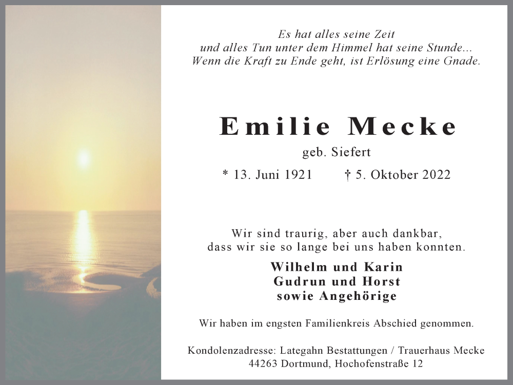  Traueranzeige für Emilie Mecke vom 15.10.2022 aus 
