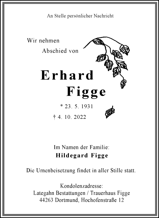 Traueranzeige von Erhard Figge 