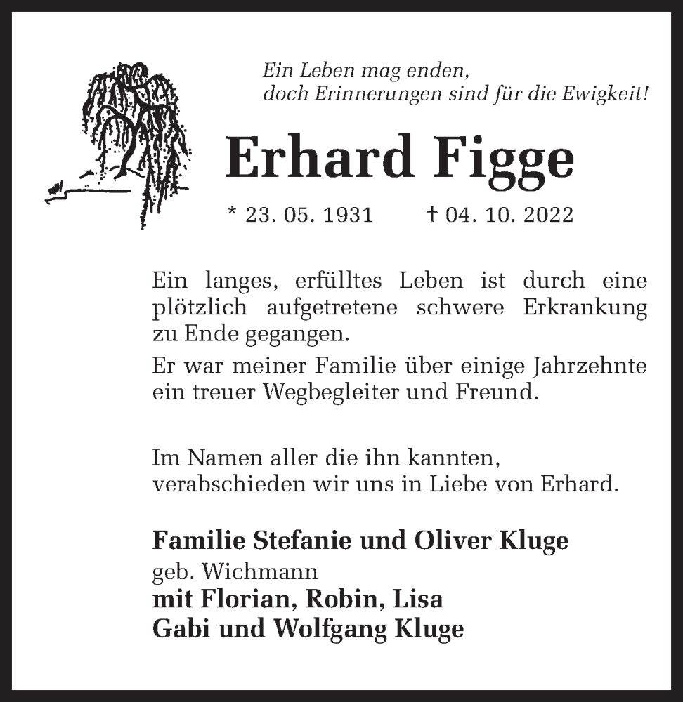  Traueranzeige für Erhard Figge vom 08.10.2022 aus 