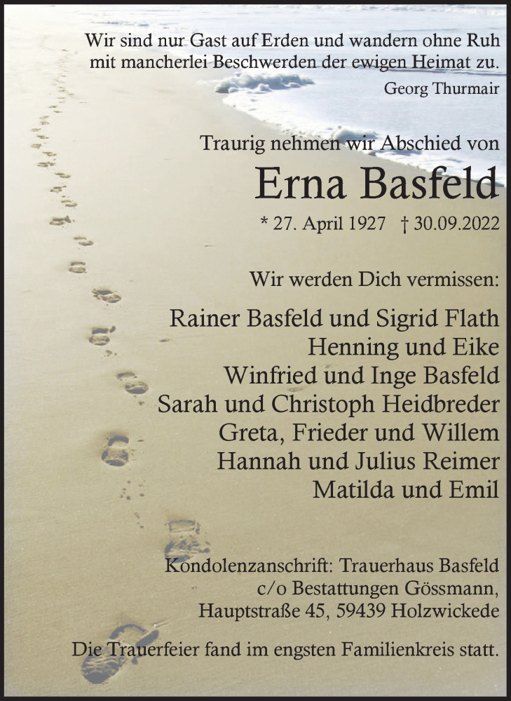  Traueranzeige für Erna Basfeld vom 15.10.2022 aus Hellweger Anzeiger