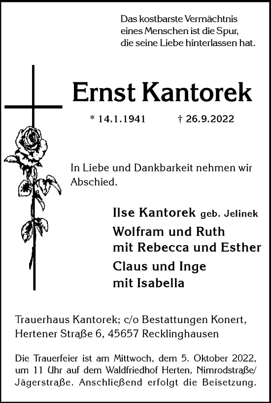 Traueranzeige von Ernst Kantorek von Medienhaus Bauer