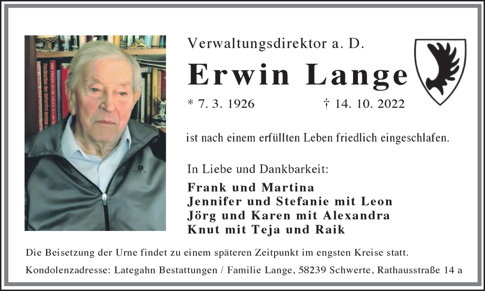  Traueranzeige für Erwin Lange vom 22.10.2022 aus 