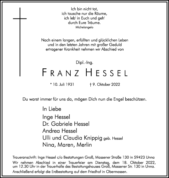 Traueranzeige von Franz Hessel von Hellweger Anzeiger
