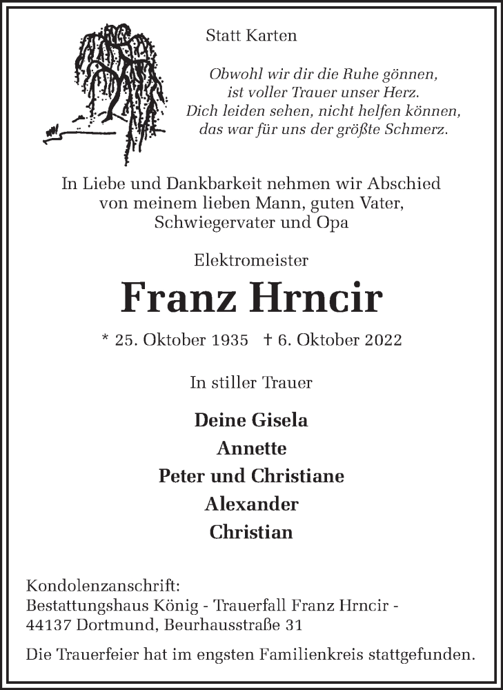  Traueranzeige für Franz Hrncir vom 29.10.2022 aus 