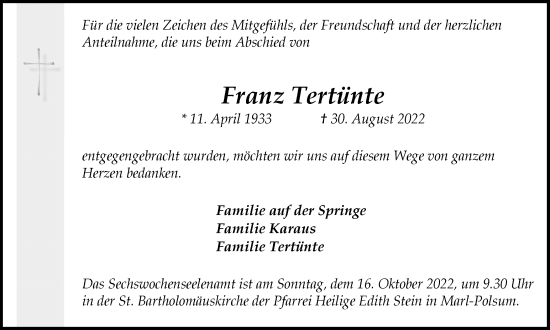 Traueranzeige von Franz Tertünte von Medienhaus Bauer