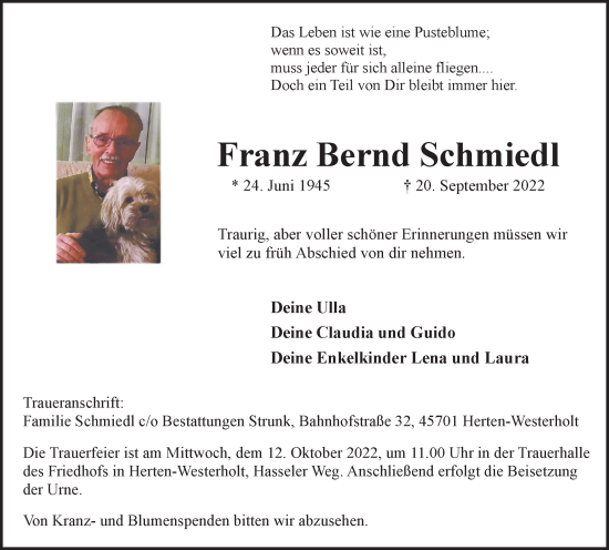 Traueranzeige von Franz Bernd Schmiedl von Medienhaus Bauer