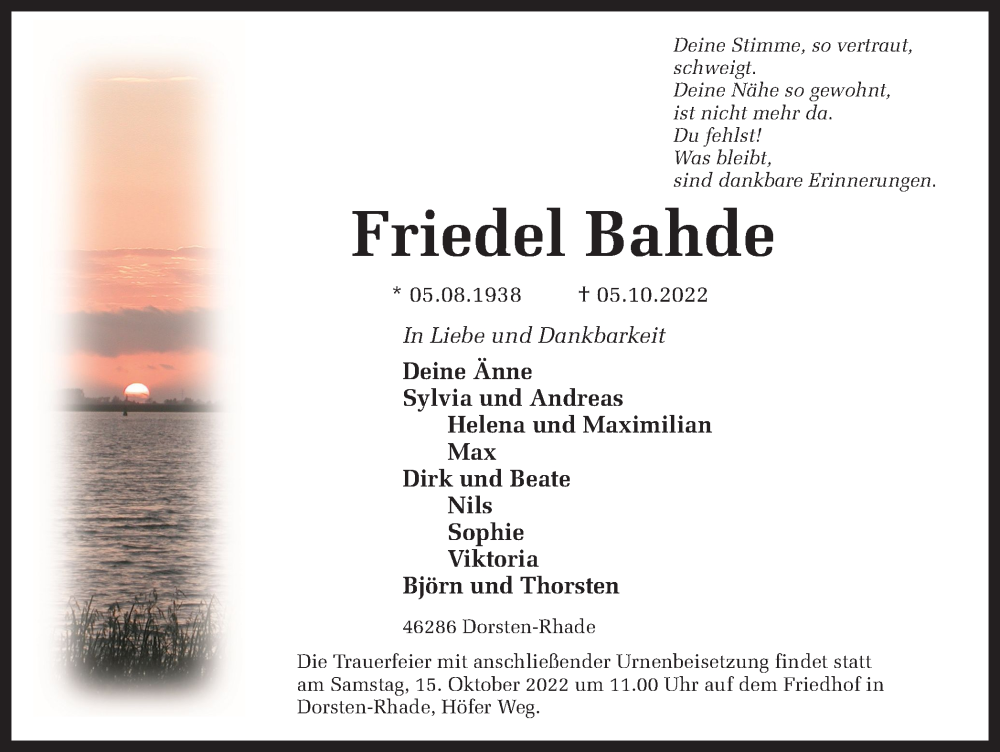  Traueranzeige für Friedel Bahde vom 11.10.2022 aus Ruhr Nachrichten und Dorstener Zeitung