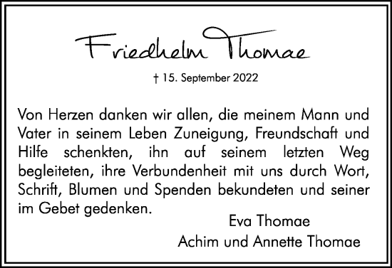 Traueranzeige von Friedhelm Thomae von Hellweger Anzeiger