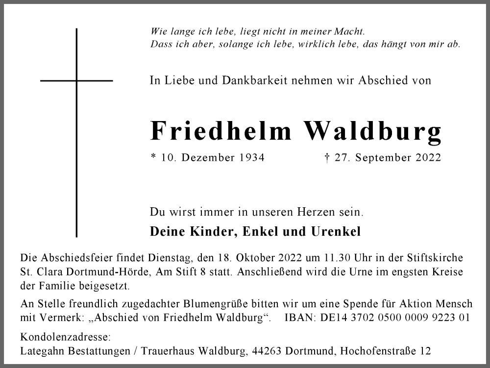  Traueranzeige für Friedhelm Waldburg vom 08.10.2022 aus 