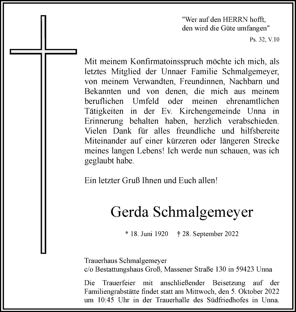  Traueranzeige für Gerda Schmalgemeyer vom 01.10.2022 aus Hellweger Anzeiger