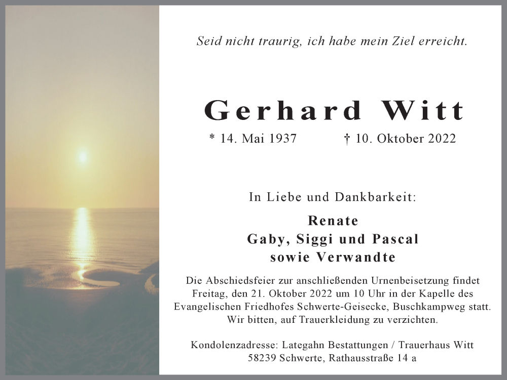  Traueranzeige für Gerhard Witt vom 15.10.2022 aus 