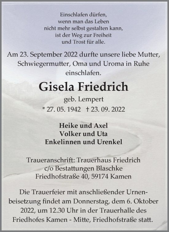 Traueranzeige von Gisela Friedrich von Hellweger Anzeiger