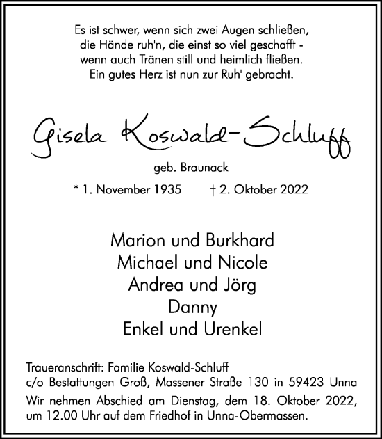 Traueranzeige von Gisela Koswald-Schlugg von Hellweger Anzeiger