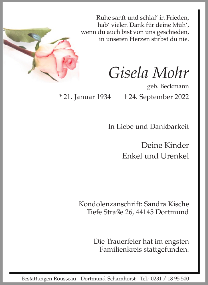  Traueranzeige für Gisela Mohr vom 08.10.2022 aus 